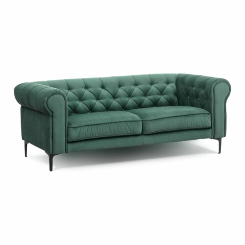 Sofa „Gacel” mit Bezug 312/52 in Tannengrün und Füßen aus schwarzem Metall.