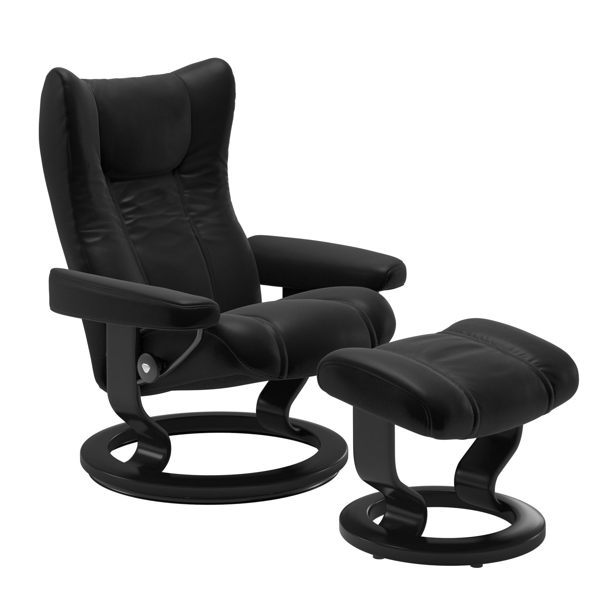 Stressless Wing Sessel Classic mit Hocker – Leder Batick Black und Untergestell Farbe Schwarz