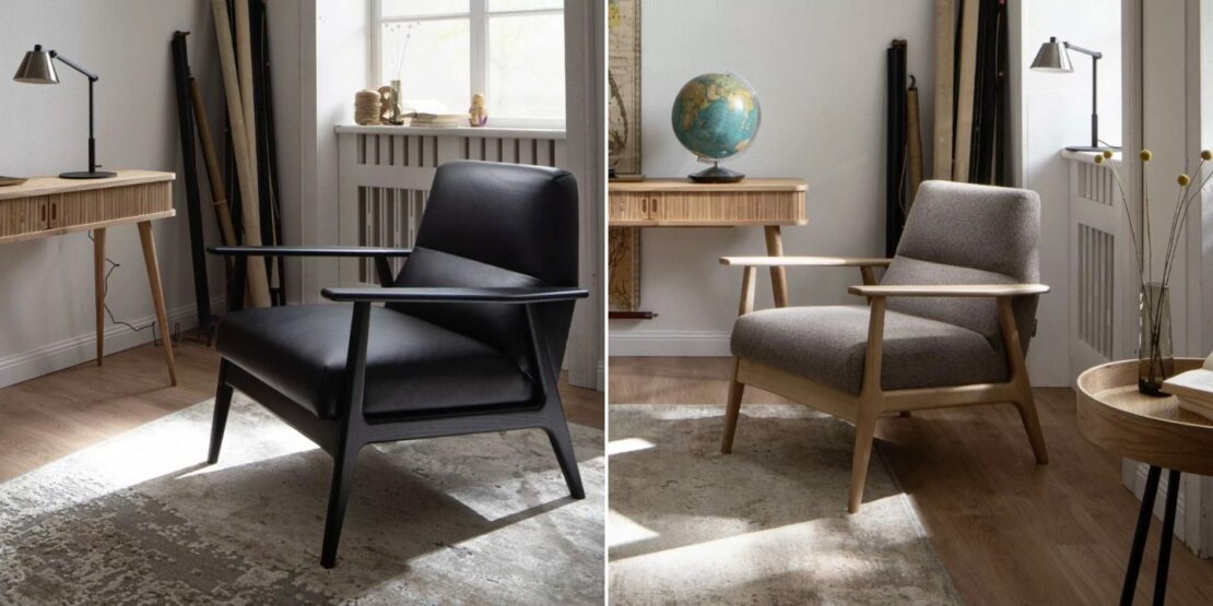 Bild zeigt zwei Sessel im Scandi-Style in den Farben Schwarz und Grau.