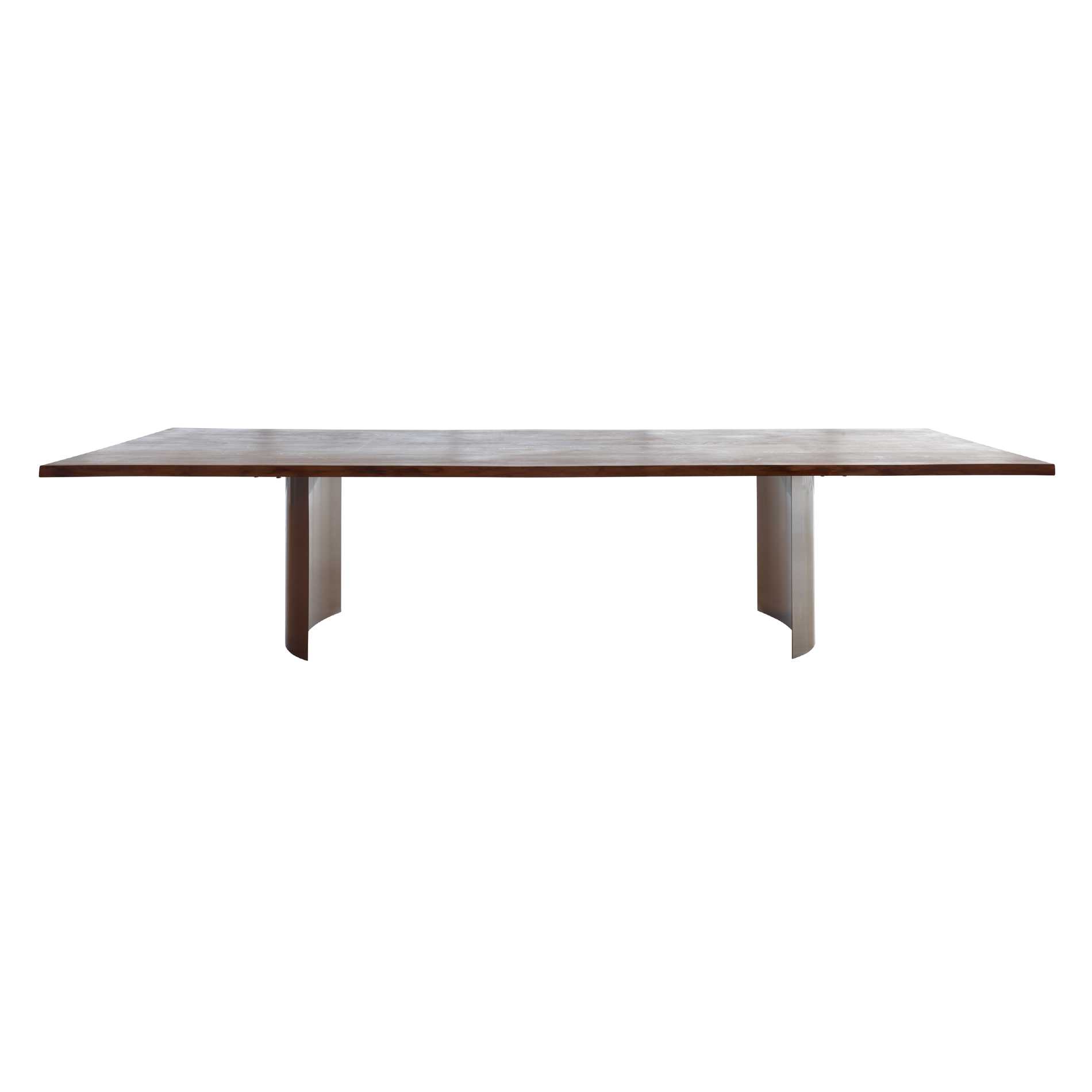 Contur Esstisch 3001 mit halbrunden Metallgestell und Tischplatte mit Baumkante Frontansicht