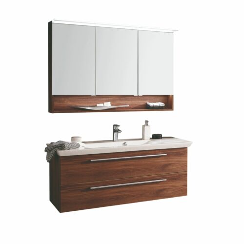 b-collection b-brace Badprogramm mit Waschtisch und Spiegelschrank als Freisteller.