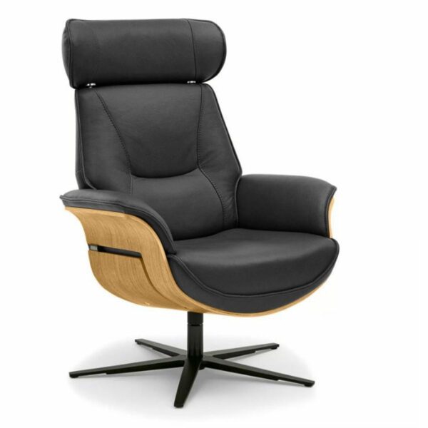 Musterring MR 276 Relaxsessel mit Echtlederbezug in Torro schwarz und Sitzschale in Eiche hell