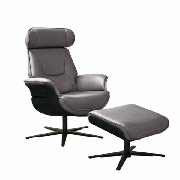 Musterring MR 276 Relaxsessel und Hocker mit Echtlederbezug in Torro granit und Sitzschale in Eiche dunkel