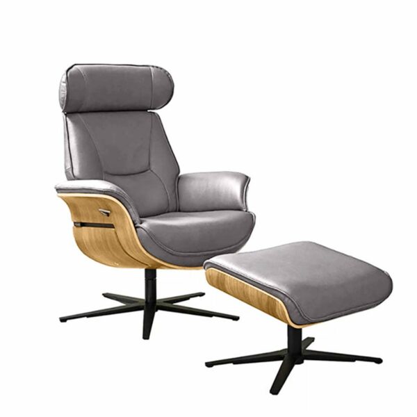 Musterring MR 276 Relaxsessel und Hocker mit Echtlederbezug in Torro granit und Sitzschale in Eiche hell