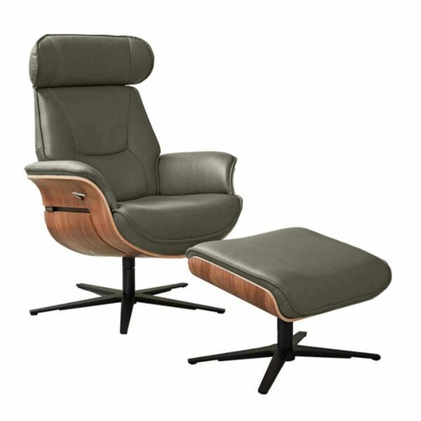 Musterring MR 276 Relaxsessel und Hocker mit Echtlederbezug in Torro olive und Sitzschale in Nussbaum