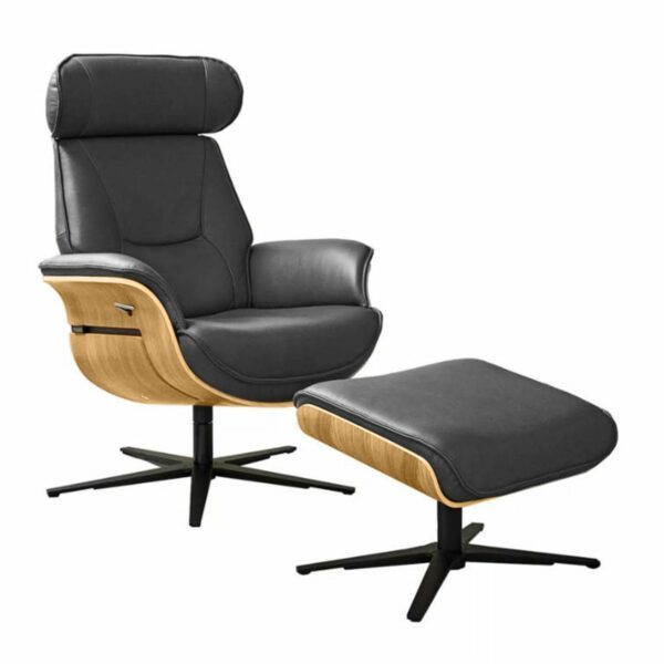 Musterring MR 276 Relaxsessel und Hocker mit Echtlederbezug in Torro schwarz und Sitzschale in Eiche hell