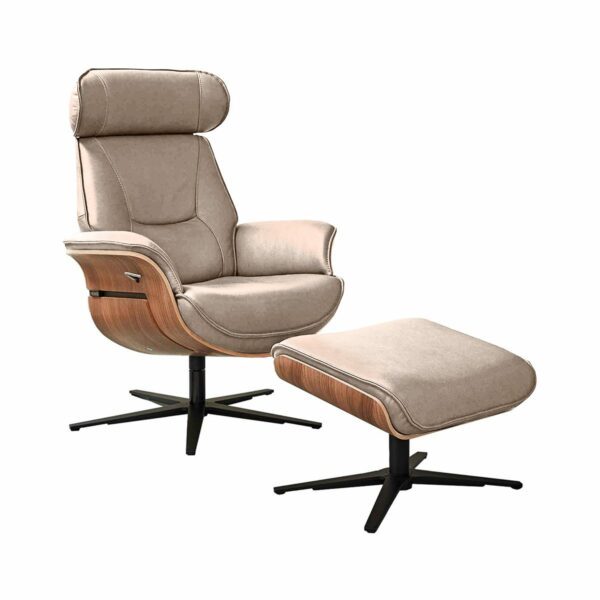 Musterring MR 276 Relaxsessel und Hocker mit Echtlederbezug in Torro stone und Sitzschale in Nussbaum