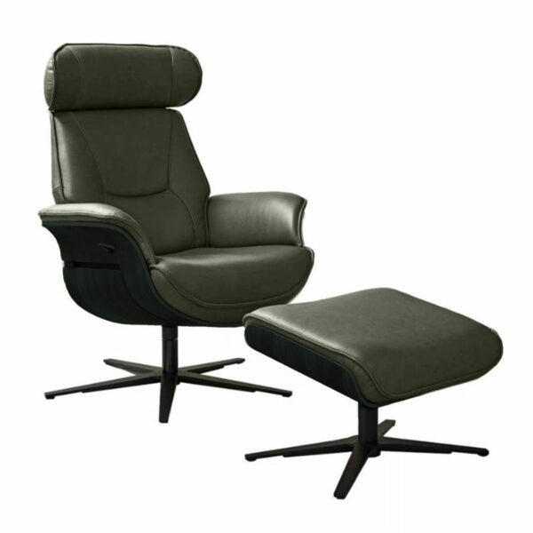 Musterring MR 276 Relaxsessel und Hocker mit Echtlederbezug in Torro olive und Sitzschale in Eiche dunkel