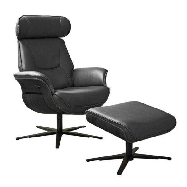 Musterring MR 276 Relaxsessel und Hocker mit Echtlederbezug in Torro schwarz und Sitzschale in Eiche dunkel