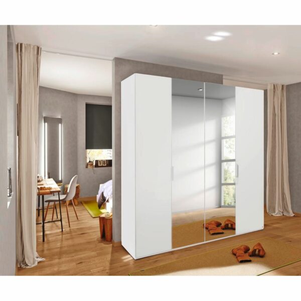 Trendstore Rovero Drehtürenschrank in Weiß mit Spiegeltür als Wohnbeispiel.