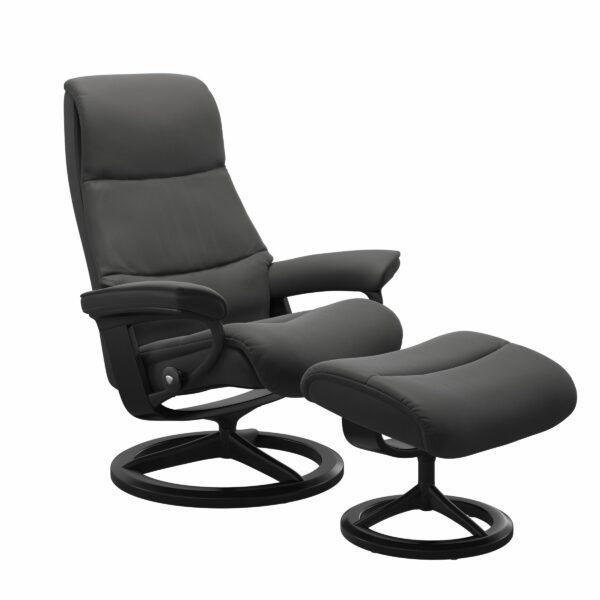Stressless View Sessel mit Hocker und Lederbezug Paloma Rock mit Signature Untergestell Mattschwarz – Holzfarbe Schwarz