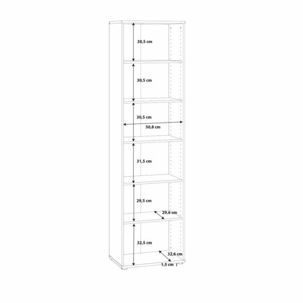 Trendstore Faik hohes Regal mit einer Breite von 54 cm und fünf Einlegeböden als Skizze mit Innenmaßen.