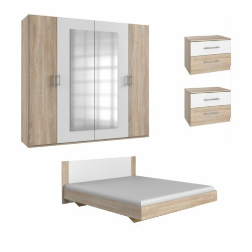 Wimex Franziska Schlafzimmer Programm bestehend aus Bett, zwei Nachtkommoden und Kleiderschrank mit Spiegeltüren als Freisteller.