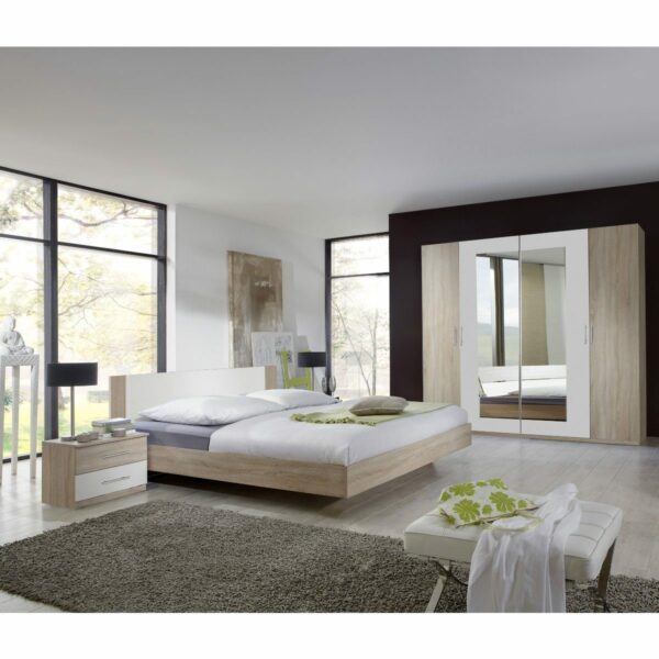 Wimex Franziska Schlafzimmer Programm bestehend aus Bett, zwei Nachtkommoden und Kleiderschrank mit Spiegeltüren als Wohnbeispiel.