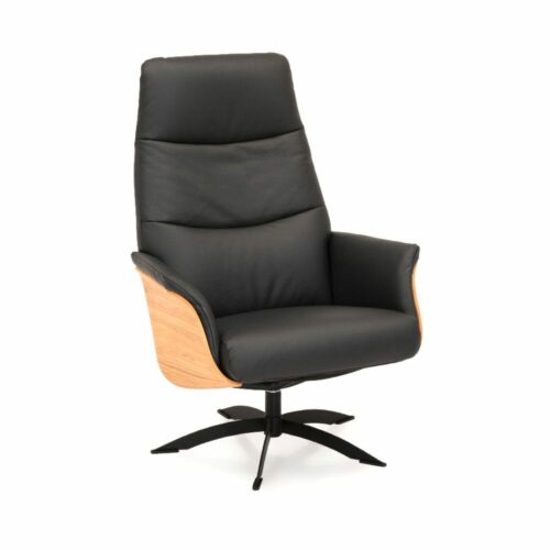 Relax Kaltenkirchen Sessel mit Sitzschale aus Eiche und Lederbezug in Schwarz als Freisteller.