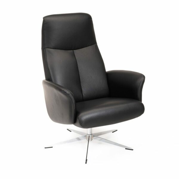 Louming Koberg Sessel aus schwarzem Kunstleder mit Fuß in Chrom, Drehfunktionund verstellbarer Rückenlehne.