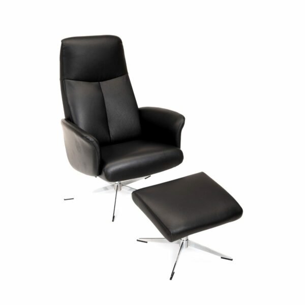 Louming Koberg Sessel aus schwarzem Kunstleder mit Fuß in Chrom, Drehfunktion, verstellbarer Rückenlehne und Hocker.
