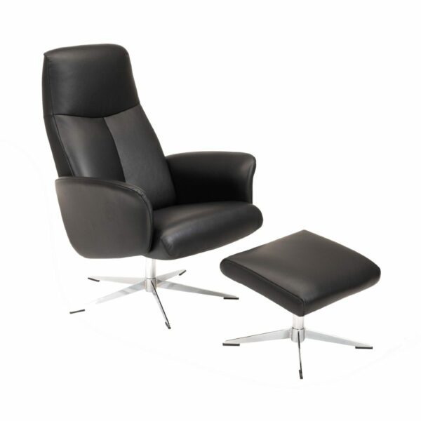 Relax Koberg Sessel aus schwarzem Kunstleder mit Fuß in Chrom, Drehfunktion, verstellbarer Rückenlehne und Hocker als Freisteller.