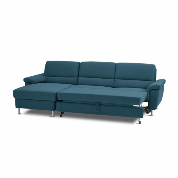 Calizza interiors Onyx Sofa mit Bezug multiCOLOR Nachtblau, Schlaffunktion, Bettkasten und Ottomane links - Schlaffunktion ausgezogen