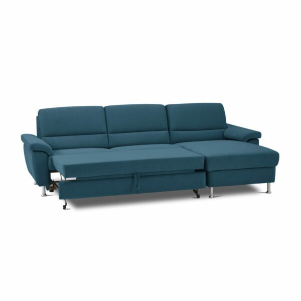 Calizza interiors Onyx Sofa mit Bezug multiCOLOR Nachtblau, Schlaffunktion, Bettkasten und Ottomane rechts - Schlaffunktion ausgezogen