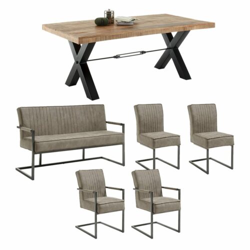 Trendstore Willo Essgruppe 6-teiliges Set mit Tisch, Bank und vier Stühlen.