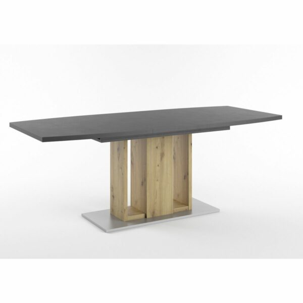 Set One Atlanta-System Esstisch Tischplatte bootsförmig Dekor Schwarzstahl Block-Gestell Artisan Eiche Holznachbildung ausgezogen
