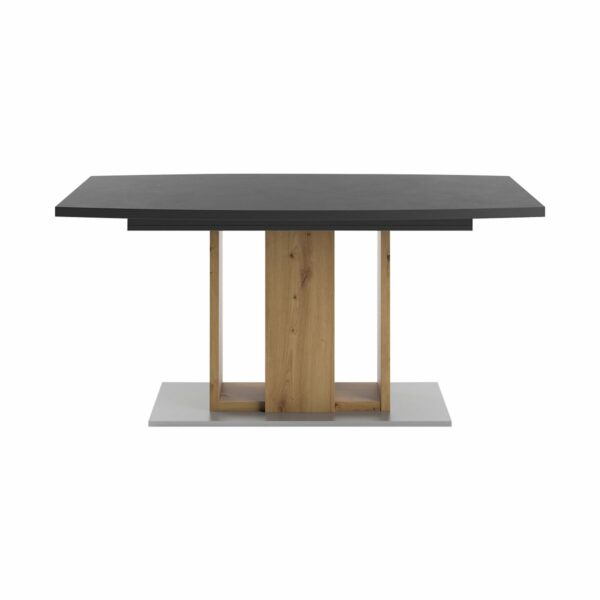 Set One Atlanta-System Esstisch Tischplatte bootsförmig Dekor Schwarzstahl Block-Gestell Artisan Eiche Holznachbildung frontal