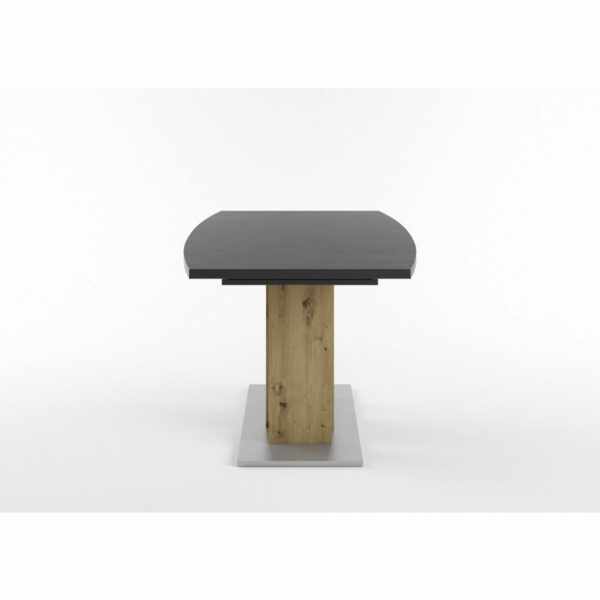 Set One Atlanta-System Esstisch Tischplatte bootsförmig Dekor Schwarzstahl Block-Gestell Artisan Eiche Holznachbildung seitlich