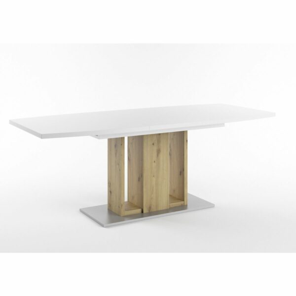 Set One Atlanta-System Esstisch Tischplatte bootsförmig Dekor weiß matt Block-Gestell Artisan Eiche Holznachbildung ausgezogen