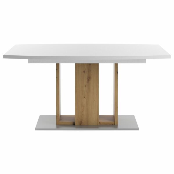 Set One Atlanta-System Esstisch Tischplatte bootsförmig Dekor weiß matt Block-Gestell Artisan Eiche Holznachbildung frontal