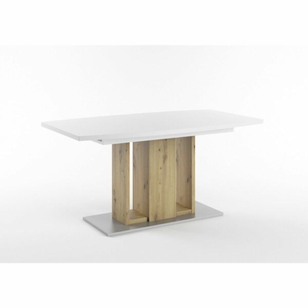 Set One Atlanta-System Esstisch Tischplatte bootsförmig Dekor weiß matt Block-Gestell Artisan Eiche Holznachbildung schräg