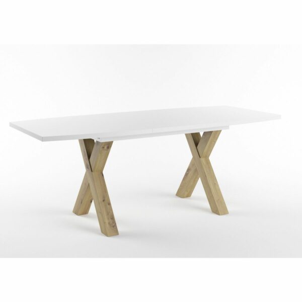 Set One Atlanta-System Esstisch Tischplatte bootsförmig Dekor weiß matt Gestell X-Form Artisan Eiche Holznachbildung ausgezogen