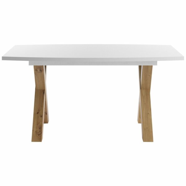Set One Atlanta-System Esstisch Tischplatte bootsförmig Dekor weiß matt Gestell X-Form Artisan Eiche Holznachbildung frontal