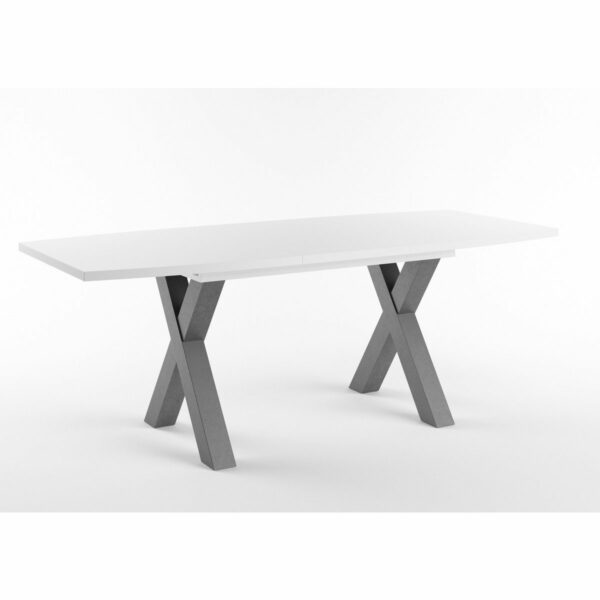 Set One Atlanta-System Esstisch Tischplatte bootsförmig Dekor weiß matt Gestell X-Form Dekor graphit ausgezogen