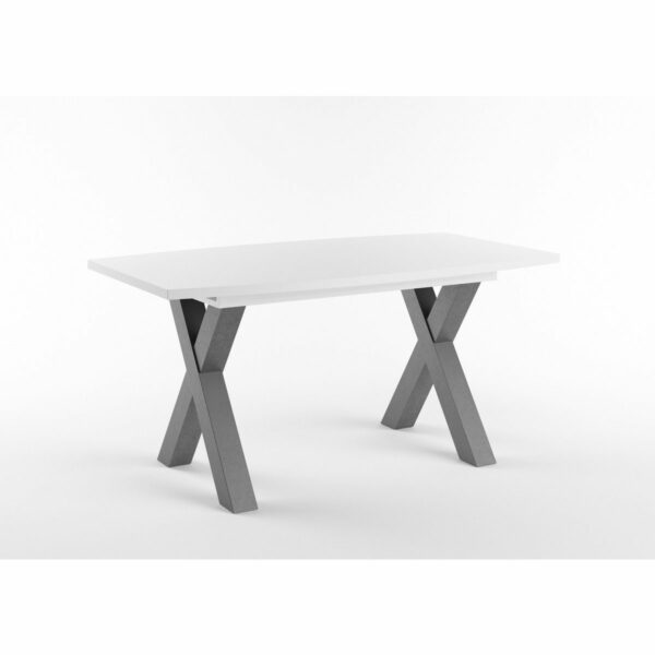 Set One Atlanta-System Esstisch Tischplatte bootsförmig Dekor weiß matt Gestell X-Form Dekor graphit schräg