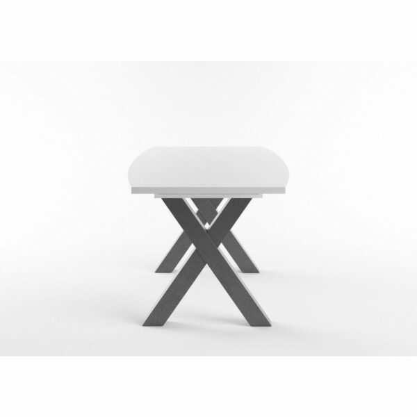 Set One Atlanta-System Esstisch Tischplatte bootsförmig Dekor weiß matt Gestell X-Form Dekor graphit seitlich