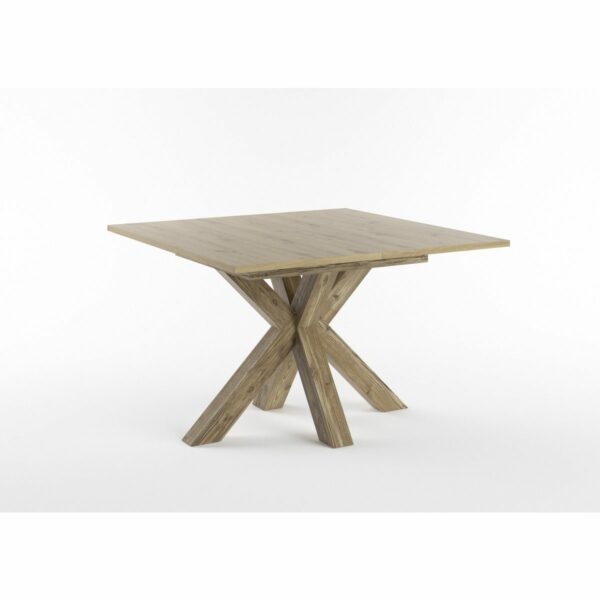 Set One Atlanta-System Esstisch Tischplatte quadratisch Artisan Eiche Holznachbildung Gestell sternförmig Appenzeller Fichte dunkel Holznachbildung schräg