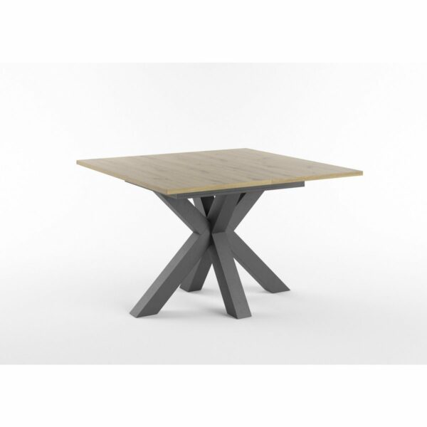 Set One Atlanta-System Esstisch Tischplatte quadratisch Artisan Eiche Holznachbildung Gestell sternförmig Dekor Schwarzstahl schräg