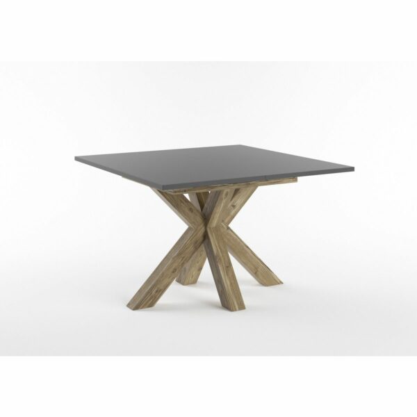 Set One Atlanta-System Esstisch Tischplatte quadratisch Dekor anthrazit matt Gestell sternförmig Appenzeller Fichte dunkel Holznachbildung schräg