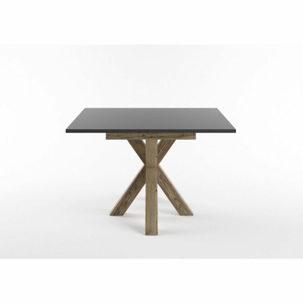 Set One Atlanta-System Esstisch Tischplatte quadratisch Dekor anthrazit matt Gestell sternförmig Appenzeller Fichte dunkel Holznachbildung seitlich