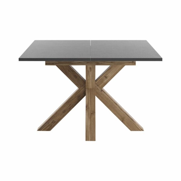 Set One Atlanta-System Esstisch Tischplatte quadratisch Dekor graphit Gestell sternförmig Appenzeller Fichte dunkel Holznachbildung frontal