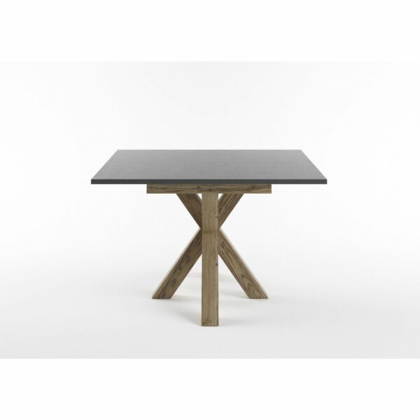 Set One Atlanta-System Esstisch Tischplatte quadratisch Dekor graphit Gestell sternförmig Appenzeller Fichte dunkel Holznachbildung seitlich