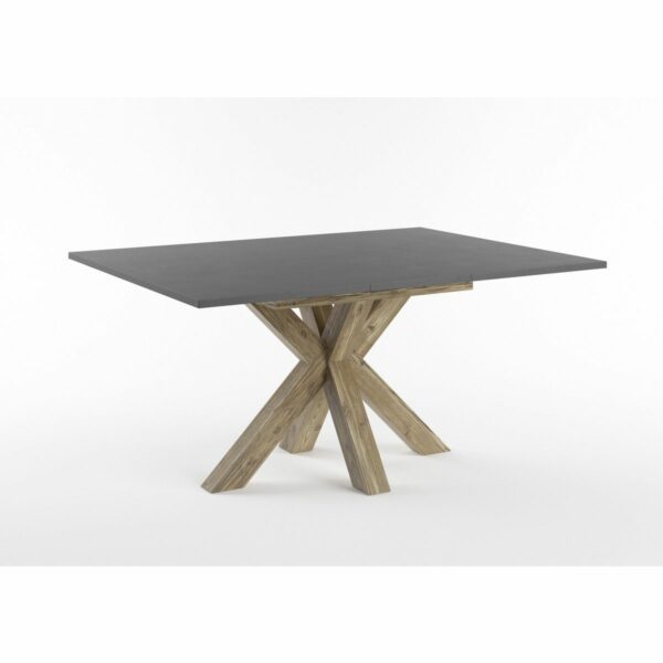 Set One Atlanta-System Esstisch Tischplatte quadratisch Dekor Schwarzstahl Gestell sternförmig Appenzeller Fichte dunkel Holznachbildung ausgezogen