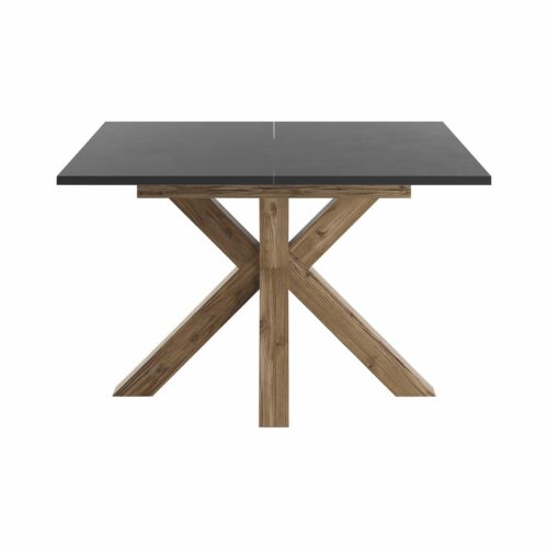 Set One Atlanta-System Esstisch Tischplatte quadratisch Dekor Schwarzstahl Gestell sternförmig Appenzeller Fichte dunkel Holznachbildung frontal