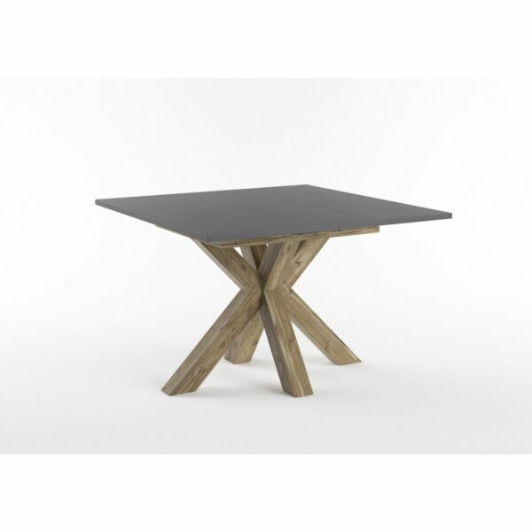 Set One Atlanta-System Esstisch Tischplatte quadratisch Dekor Schwarzstahl Gestell sternförmig Appenzeller Fichte dunkel Holznachbildung schräg