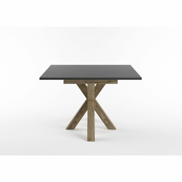 Set One Atlanta-System Esstisch Tischplatte quadratisch Dekor Schwarzstahl Gestell sternförmig Appenzeller Fichte dunkel Holznachbildung seitlich