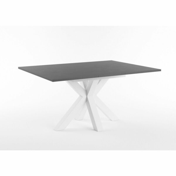 Set One Atlanta-System Esstisch Tischplatte quadratisch Dekor Schwarzstahl Gestell sternförmig Dekor weiß matt ausgezogen
