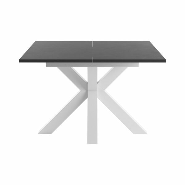Set One Atlanta-System Esstisch Tischplatte quadratisch Dekor Schwarzstahl Gestell sternförmig Dekor weiß matt frontal