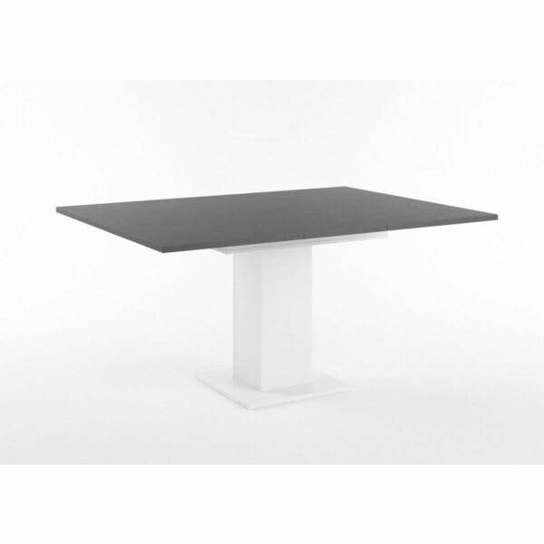 Set One Atlanta-System Esstisch Tischplatte quadratisch Dekor Schwarzstahl Säule quadratisch Dekor weiß matt ausgezogen