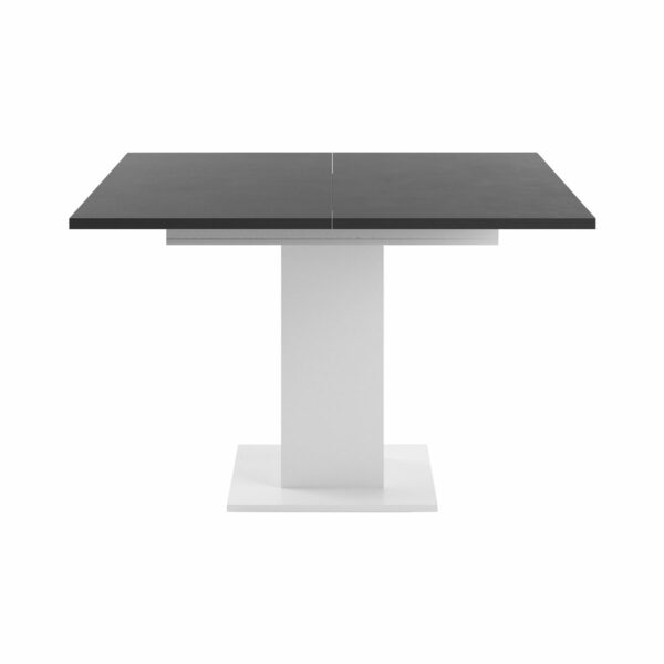 Set One Atlanta-System Esstisch Tischplatte quadratisch Dekor Schwarzstahl Säule quadratisch Dekor weiß matt frontal